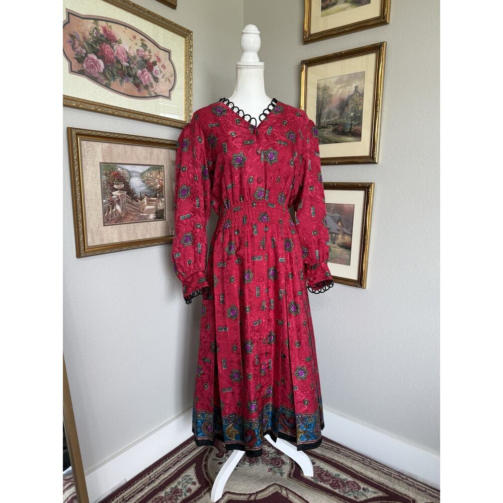 Diane Freis Patterned Pink Georgette Midi Dress 80s Vintage Dress 100% Silk P